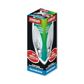 10 Pack SES (E14) Screw cap Candle shape Energy saving 60w equivalent dimmable Halogen light bulbs. Eveready brand.