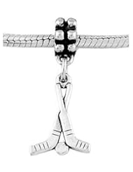 Sterling Silver Hockey Goalie Sticks with Puck Dangle Bead Charm