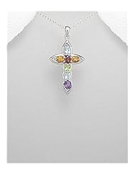 Cross Gem Stones Pendant Necklace In 92.5 Sterling Silver