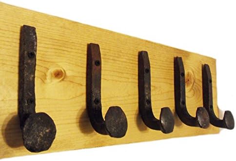 Heavy Duty Coat Hat Robe Tool Towel Hook Rail Rack Wall Mount Storage Display Rustic Holder Architectural Reclaimed Organizer Kitchen Bathroom Foyer Bedroom Closet Garden Garage Accessory Wooden Antique Vintage Metal (Golden Oak and Antique Iron, 20" Rack Rail with 5 Railroad Spike Hooks)