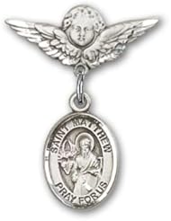 Sterling Silver Baby Badge with St. Matthew the Apostle Charm and Angel with Wings Badge Pin