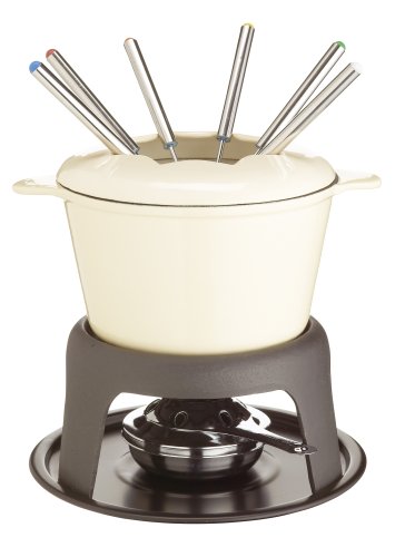 Kitchen Craft Cast Iron Enamelled Fondue Gift Set with Six Forks - Cream
