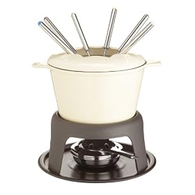 Kitchen Craft Cast Iron Enamelled Fondue Gift Set with Six Forks - Cream