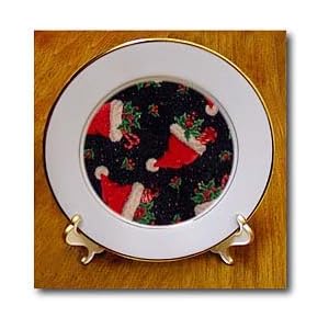Santa Hats, Holly and Candy Canes on Black - 8 Inch Porcelain Plate