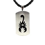 Stainless Steel Cubic Zirconia & Scorpion Design Dog Tag Pendant w. Woven Faux Leather Necklace