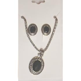Genuine Sterling Silver Plated Short Chain Necklace with Onyx Pendant Earrings