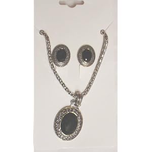 Genuine Sterling Silver Plated Short Chain Necklace with Onyx Pendant Earrings