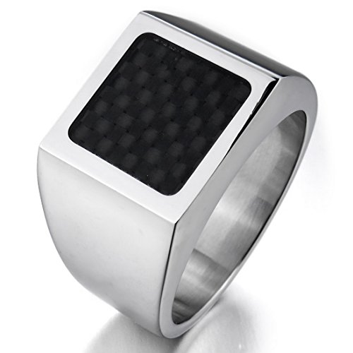 Men's Stainless Steel Carbon Fiber Ring Silver Black Checkered Square Unique