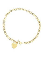 14K 7.50" Yellow Gold Polish Diamond Cut Round Chain Link Bracelet With Heart And Toggle Lock