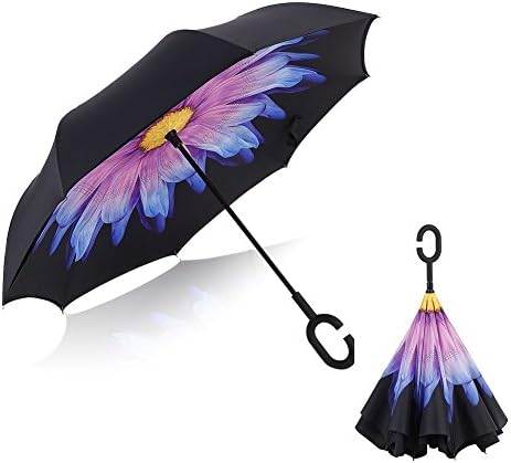 Innovative New Reverse Umbrella, Double Layer Inverted Umbrella, Mysj Creative Cars Reverse Umbrella Straight Waterproof And Self Standing Inside Out Compact Travel Umbrella With "C" Handle (Glass)