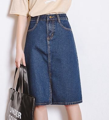 (ALLURE) デニム スカート ひざ丈 ミモレ丈 Aライン フレアスカート ブルー ライトブルー AF0510