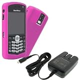 Combo of Dark Magenta Silicone Skin Case Cover (HDW13021008) and Folding Blade Travel Charger (ASY10600001) for Blackberry Pearl 8100