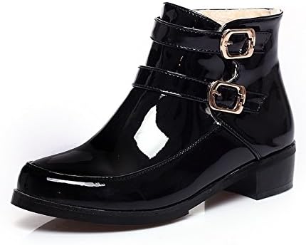 VogueZone009 Womens Closed Round Toe Low Heel Patent Leather Short Plush Solid Boots with Metal Buckles, Black, 6.5 B(M) US