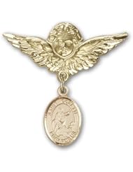 Gold Filled Baby Badge with St. Colette Charm and Angel with Wings Badge Pin
