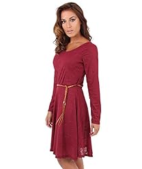 Sophisticated Acrylic/Elastane/Leather General Print Scoop Neck Flared-Skirt Long Sleeves Belted Sheer Lace Mesh Open-Back Fitted Skater Dress/Midi Dress 