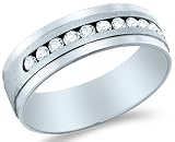 14k White Gold Traditional High Polish & Satin Finish Channel Set Round Cut Mens Diamond Wedding Ring Band (1/4 cttw)