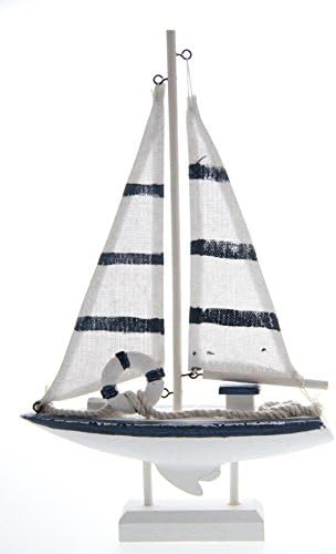 JustNile Wooden Replica Sailboat Model - 15" X 9" White w/ Blue Stripes