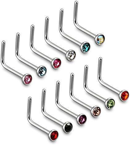 316L Surgical Steel 2mm Aqua Marine Press Fit Gem "L" Shape 22G Nose Screw 1pc