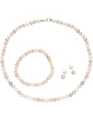 14k Gold Multi Colored Cultured Pearl Kids Set, Necklace, Bracelet, Stud Earrings for Girls