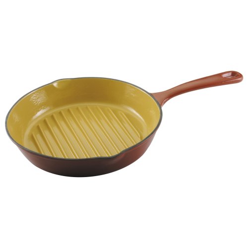 NapaStyle Enamel Cast Iron 11.5-Inch Round Grill Pan, Terra Cotta with Mustard Interior (50220)