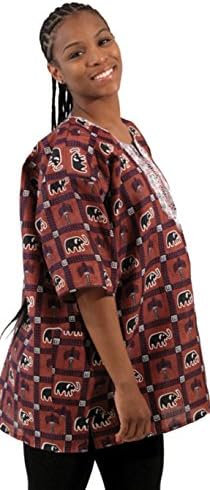 African Print Unisex Print Dashiki, Made in the Gambia, Many Colors, One Size (Dark Brown Elephant)