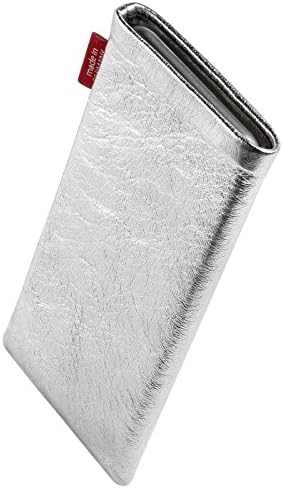fitBAG Groove Silver custom tailored sleeve for Wiko Lenny. Fine nappa foil leather pouch with integrated microfibre lining for display cleaning