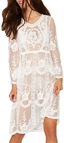 HKN Women's Sexy Lace Long Sleeves Hot Summer BeachDress Bikini Cover up OneSize White