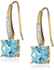 18k Yellow Gold Plated Sterling Silver Two-Tone Swiss Blue Topaz and Diamond Accent Cushion Dangle Earrings