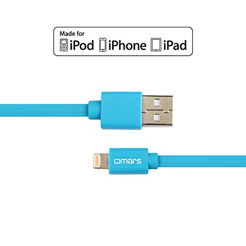 [Apple MFI Certified] Omars 3ft/ 0.9m Lightning 8pin to USB Power and SYNC Flat Cable Charger Cord for Apple iPhone 5 / 5s / 5c / 6 / 6 Plus, iPod touch 5, iPod nano 7, iPad Mini / mini 2/ mini 3, iPad 4 / iPad Air / iPad Air 2 (Blue 0.9m)