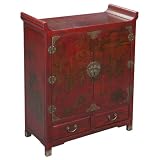 Handmade Oriental Furniture - 42" Antique Style Red Leather Pagoda Style Storage Cabinet