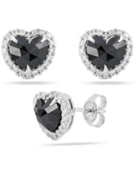 1.75 Cts Black & White Diamond Heart Earrings in 14K White Gold