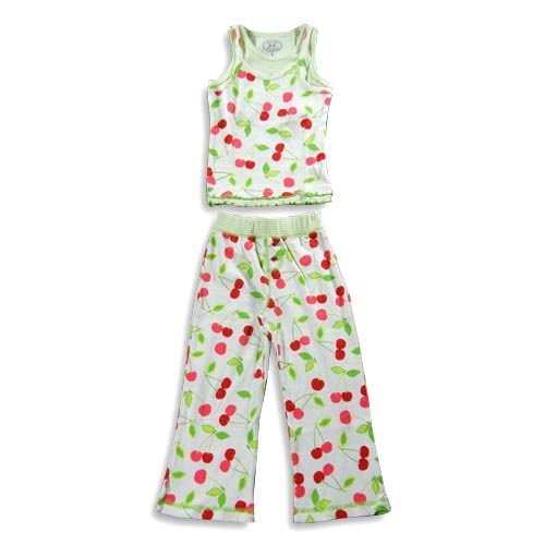 Saras Prints â€“ Girls 2 Piece Cherries Tank Pajamas, White, Green, Red