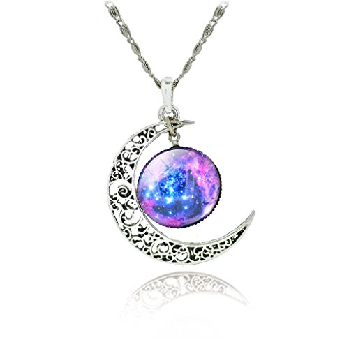 Jiayiqi Women's Galaxy Crescent Moon Galactic Universe Cabochon Pendant Necklace