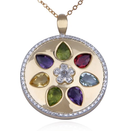 18k Yellow Gold Plated Sterling Silver Multi-Gemstone and Diamond Flower Pendant, 18