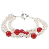 EXP Handmade Natural White Pearl & Red Ruby Quartz Bracelet With Silver Beads