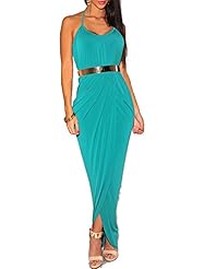 Sexy Jersey/Polyester/Spandex Slit Draped Backless Belted Halter Party Dress/Maxi Dress 