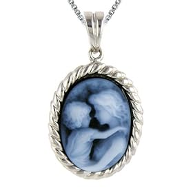 Sterling Silver Oval Frame 16X12mm Blue Agate Mother and Baby Cameo Pendant w... by Netaya