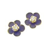 14K Yellow Gold Cubic Zirconia Periwinkle Enamel Children's Floral Earrings