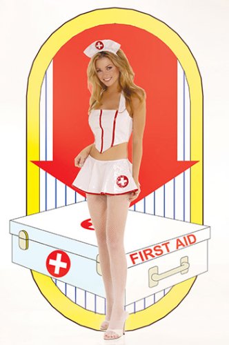 Flirty Nurse Vinyl Costume. Corset Top with Lace up Back, Skirt, and Head Piece.