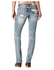 Apparel: Miss Me Jeans Womens Extended Sizes Flower Lace Pocket Straight Leg Light Wash (34)