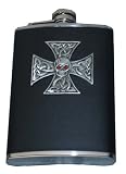 Iron Cross Skull Celtic Knot Swarovski Crystals 8oz Leather Flask