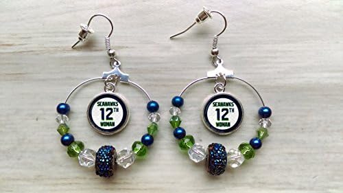 Seattle Seahawks Sparkle Hoop 12th Woman Glass Dome Earrings- Crystal Beads with Glass Dome 12th Woman Design