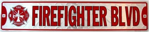 Firefighter Blvd - Fun Novelty Wall Decor Sign Color Silver Red 5 inch x 24 inch