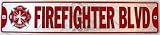 Firefighter Blvd - Fun Novelty Wall Decor Sign Color Silver Red 5 inch x 24 inch