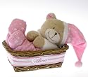 Spieluhr Bär im Geschenkkorb, rosa als Geschenk zur Taufe, Geschenk zur Geburt, zum Babyshower, mit NAMEN personalisiert
