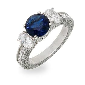 Eve's Addiction Intricate Sapphire & Diamond CZ Three Stone Engagement Ring