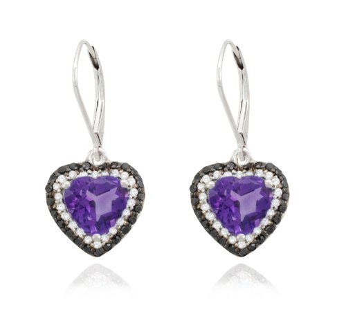 Best Price 10k White Gold Heart Amethyst Black and White Diamond Earrings (1/3 cttw, I-J Color, I2-I3 Clarity)