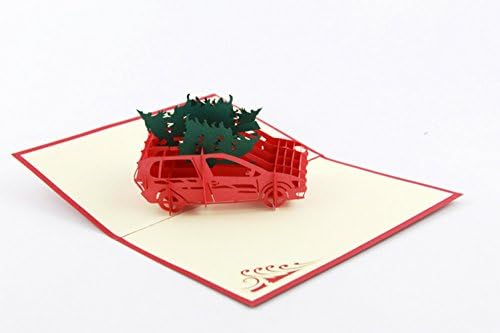 Qubiclife Handmade Creative Artistic 3D Stereo Pop Up Hollow Paper-Cut Christmas Invitations Cards Greeting Thank You Cards Papercraft Postcards-Christmas Tree and Car
