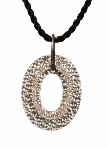 14K White Gold Hammered-Finish Sliding Oval-Shaped Pendant, Enhanced with Pave Set Diamonds, Set on a Black Silk Cord Necklace with an 18K Gold Clasp.