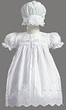 Short White Embroidered Poly Cotton Christening Baptism Gown with Bonnet